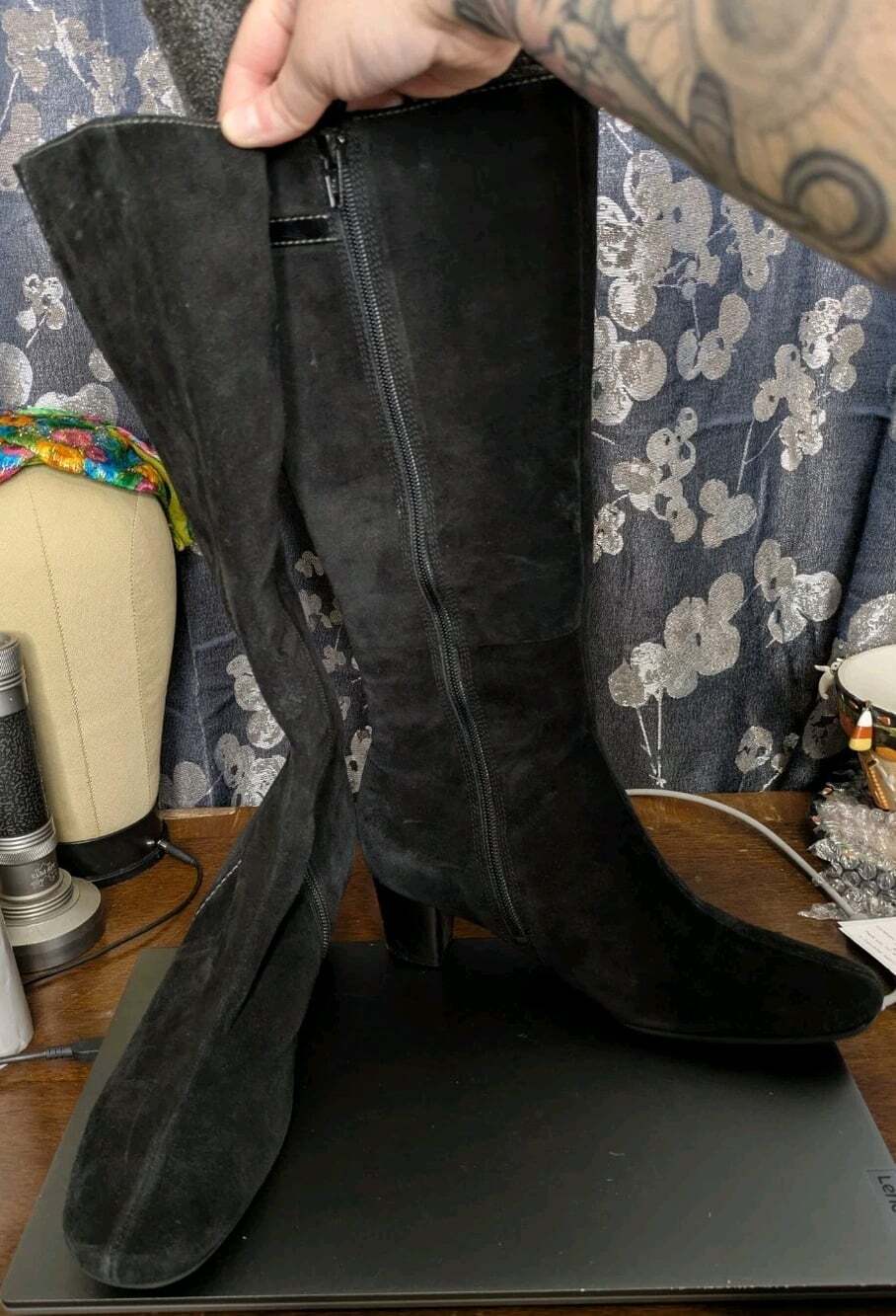 Ecco Bremen Suede Riding Boots Womens EU 39 Black Side Zip Tall Heeled Chic READ